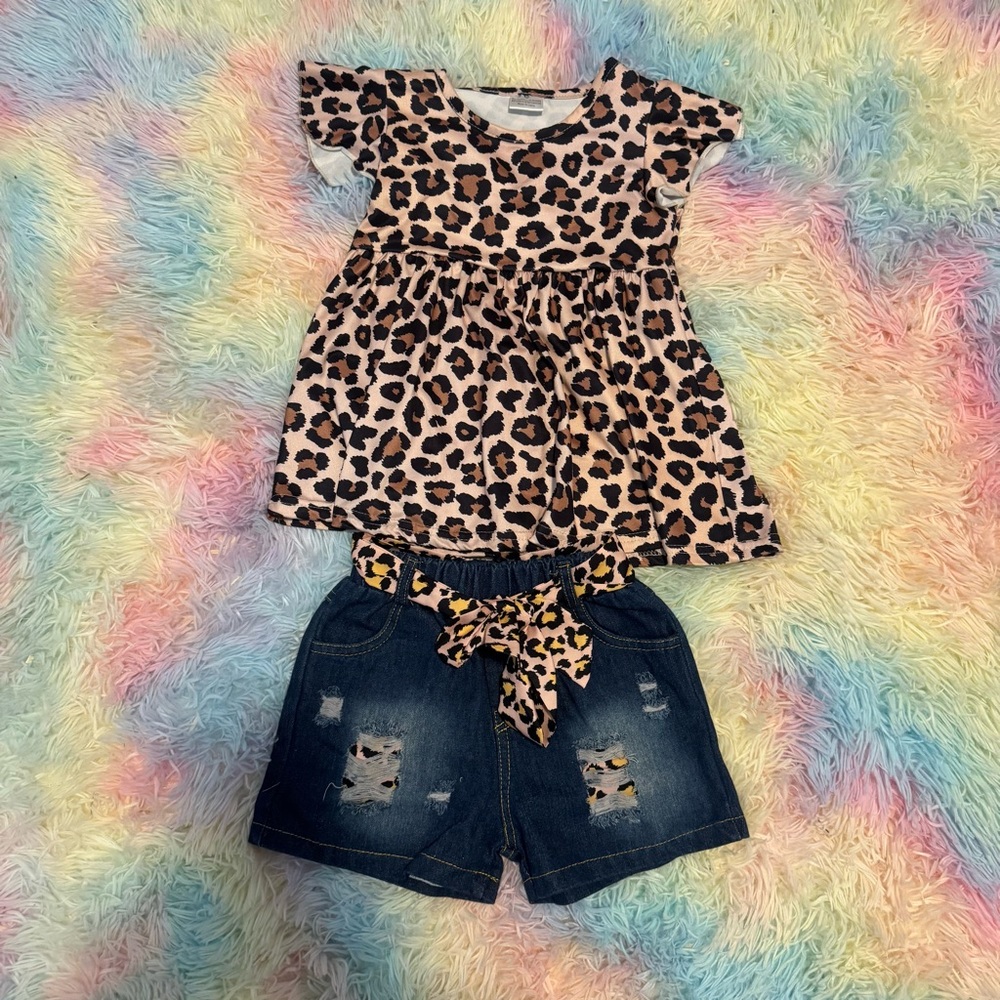 Leopard Print Blouse and Denim Shorts Set